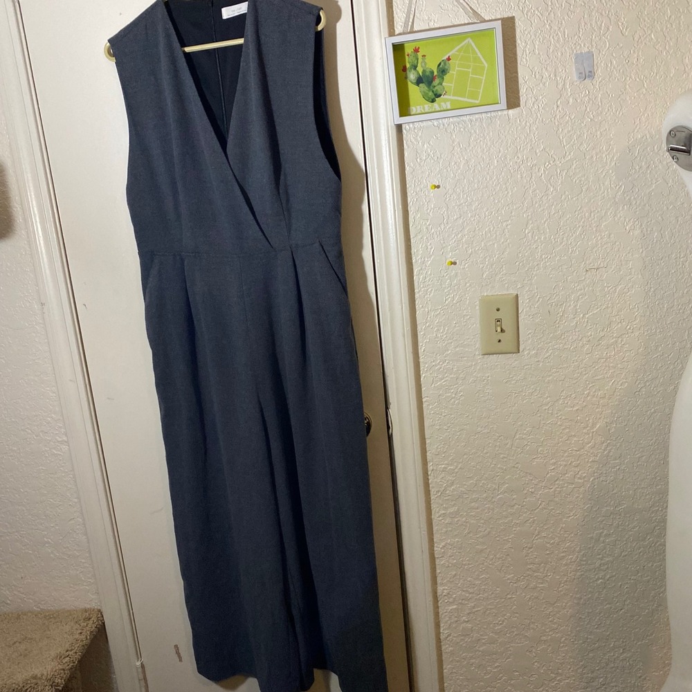 Oak + Fort Gray Herringbone Sleeveless Wide Leg Jumpsuit Minimalist Modern M‎